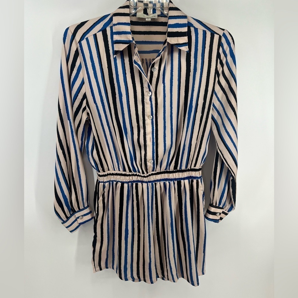 NWOT Pinch Long Sleeve Satin Striped Shorts Romper Button Down Blue Black Medium
